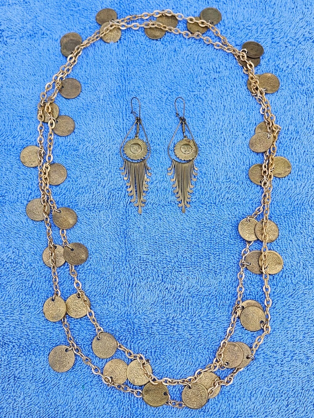 Vintage Boho Brass Coin Chain Necklace & Sun Face Chandelier Earring Set - Picture 8 of 8